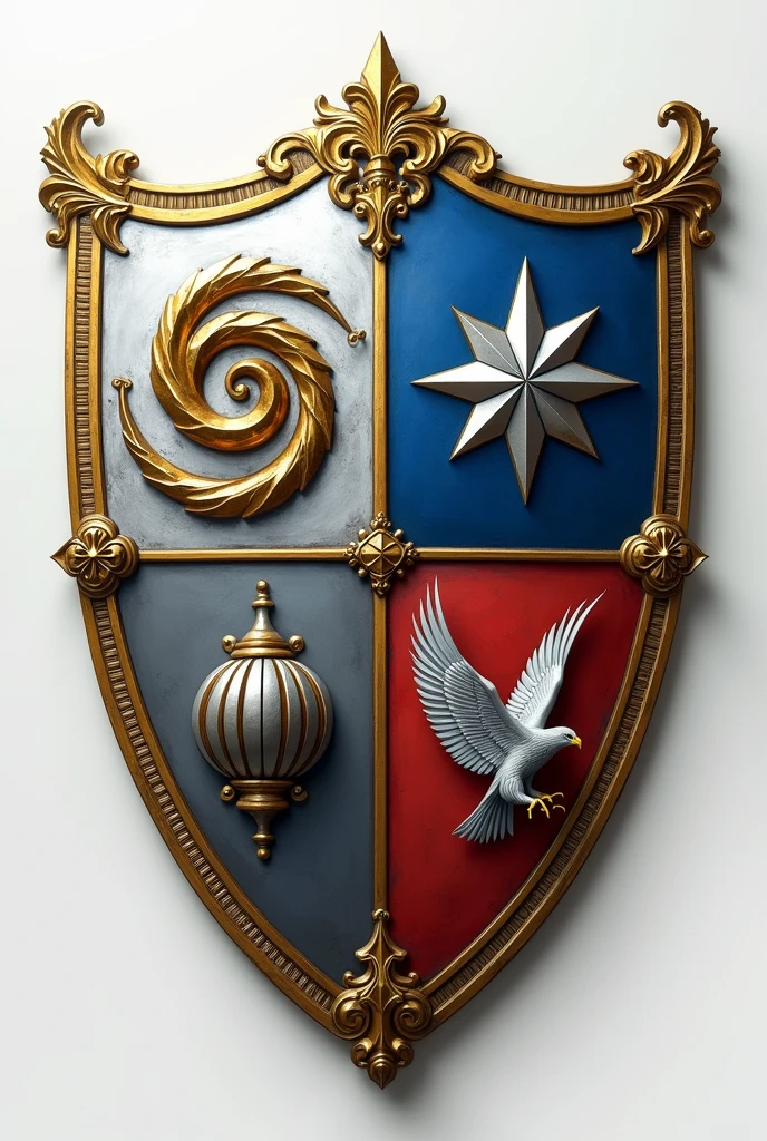 Coat of arms in the shape of a shield, divided into four quadrants. Upper Left Quadrant: A silver field with a golden spiral. Upper Right Quadrant: A field of deep blue with a star that has SIX points and is silver. Lower Left Quadrant: A field of gray with a stylized metal dome. Lower Right Quadrant: A field of white with an eagle taking flight.