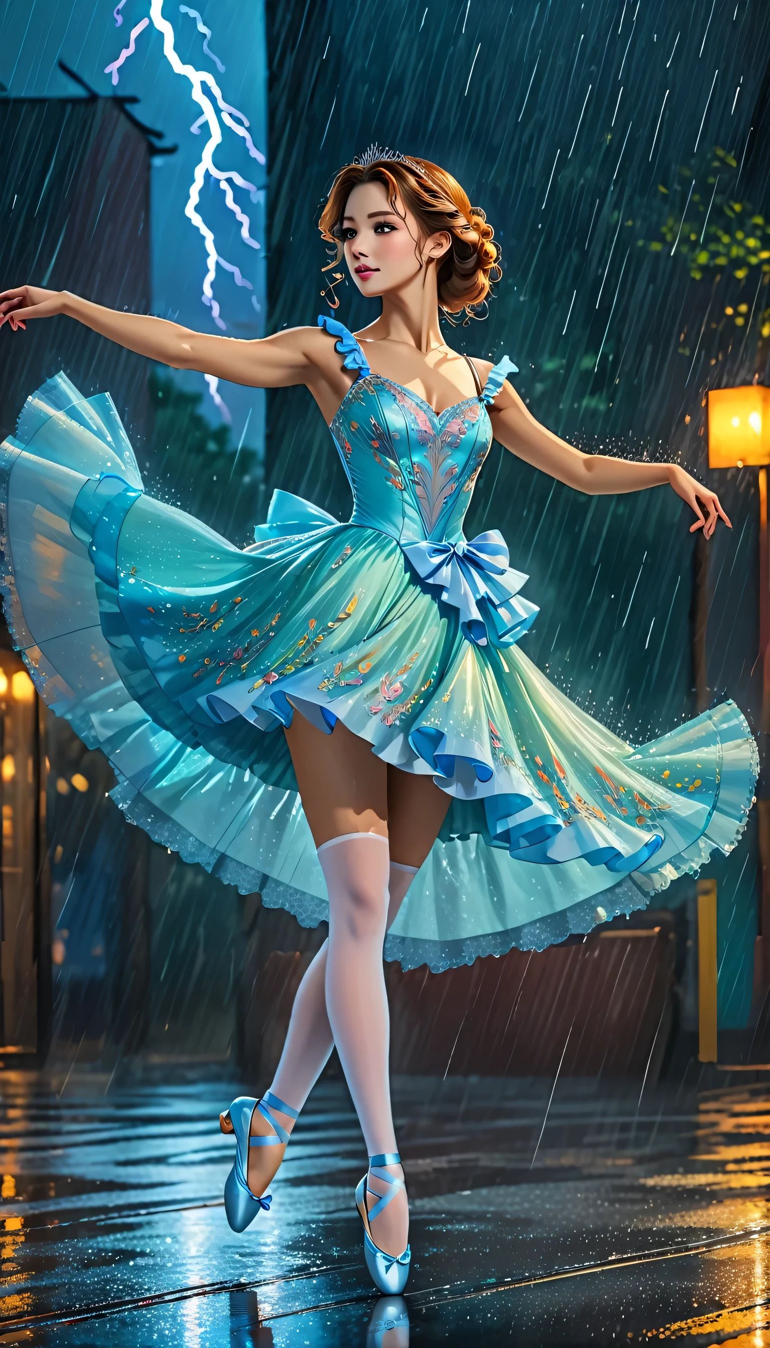 a portrait of female classical ballet prima ballerina dancing in the rain, a full body picture ((anatomically correct: 1.5)) of a exquisite beautiful female dancer wearing silk evening dress, intricate dress dynamic hair color, dynamic hair style, dynamic skin complexion, wearing ballet shoes, wearing thigh highs, ((she is standing in the middle of the rain storm: 1.5)),  she is wet, yet enjoys the dance in the rain, cloudy night, lightning storm, dynamic background, vibrant, Ultra-high resolution, High Contrast, (masterpiece:1.5), highest quality, Best aesthetics), best details, best quality, highres, 16k, (ultra detailed: 1.5), masterpiece, best quality, (extremely detailed) RAW, (ultra details, Masterpiece, best quality), Cinematic Hollywood Film, artxldnc, princess dress,looking at the viewer