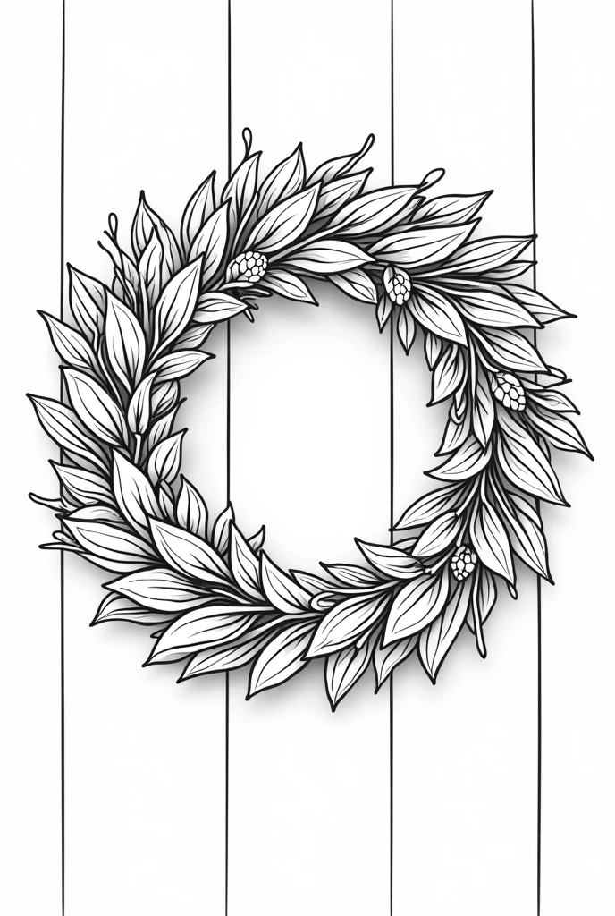 non-coloured, coloring pages for adults, an image of a beautiful fall-themed wreath made from leaves, twigs, and pinecones, hanging on a wooden door or gate, cartoon style, thick lines, low detail, black and white, no shading,