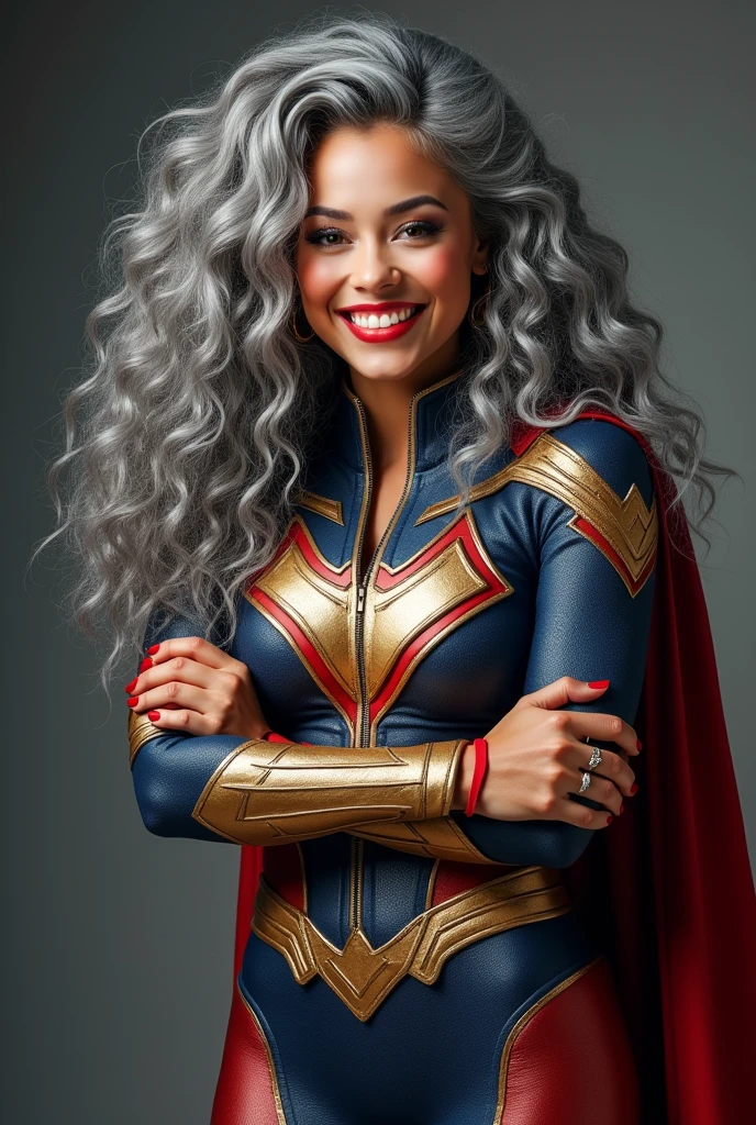 A beautiful youthful looking American version of Ariana Grande as a 50 years old woman with long her completely gray hair in a big curls styles as a retired American inspired superhero wearing her costume suit witch looks like a comic superhero suit again for a photoshoot she is smiling for the camera