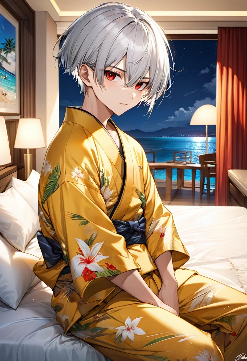 (Tropical hotel style), (relax pose), (solo:2, 15 yo), (detailed cool crew cut silver hair very short hair) (best cool tough boy) (beautiful cool red eyes) (serious face), in a cool yellow kimono, break, in the Resort hotels in bedroom, background beautiful ocean and night ski, BREAK, 16K, masterpiece, best quality.