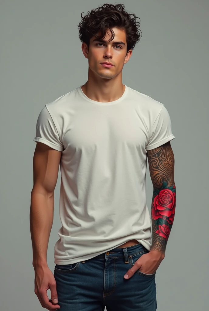 Young man, of complexion between white and dark brown, tall and handsome, thin with short curly hair, eyebrows not so bushy, with a killer look, sexy lips, with a red rose keyboard tattoo on his right arm, with jeans and a t-shirt