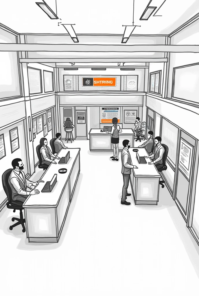 Sketch for an electrical distribution and electrical repair company that has cashier areas and waiting areas, desks for customer service, a desk next to the entrance door and behind it a small office