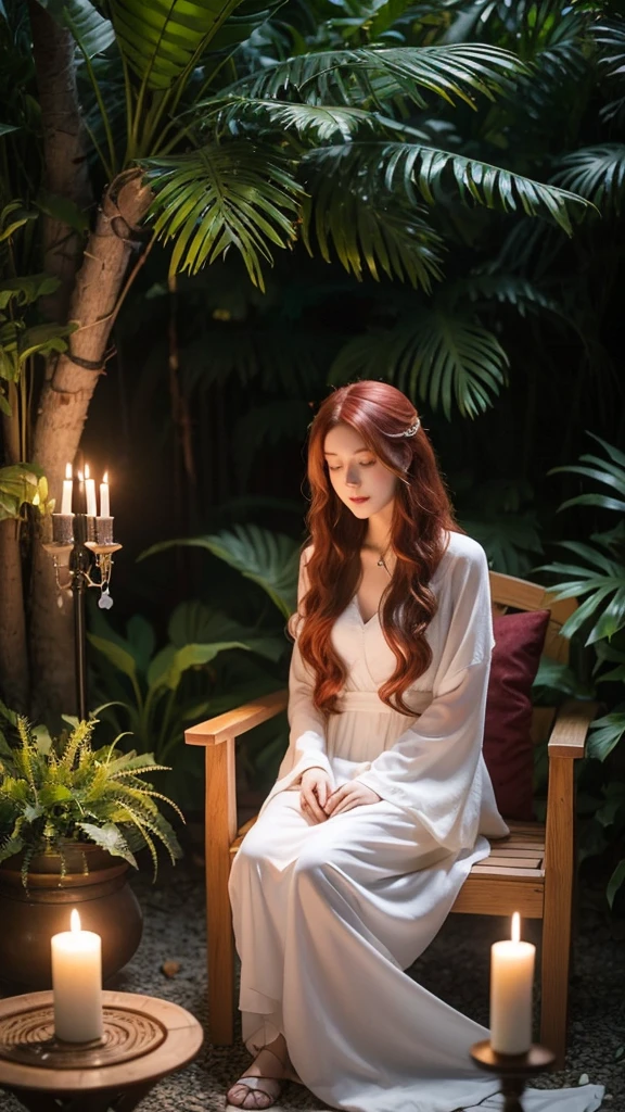 A 25-year-old young woman with long, wavy red hair is kneeling in front of a simple outdoor altar with candles, crystals and plants, an armchair, a glass of water, an incense burner and a candle made of nature, such as leaves and stones.