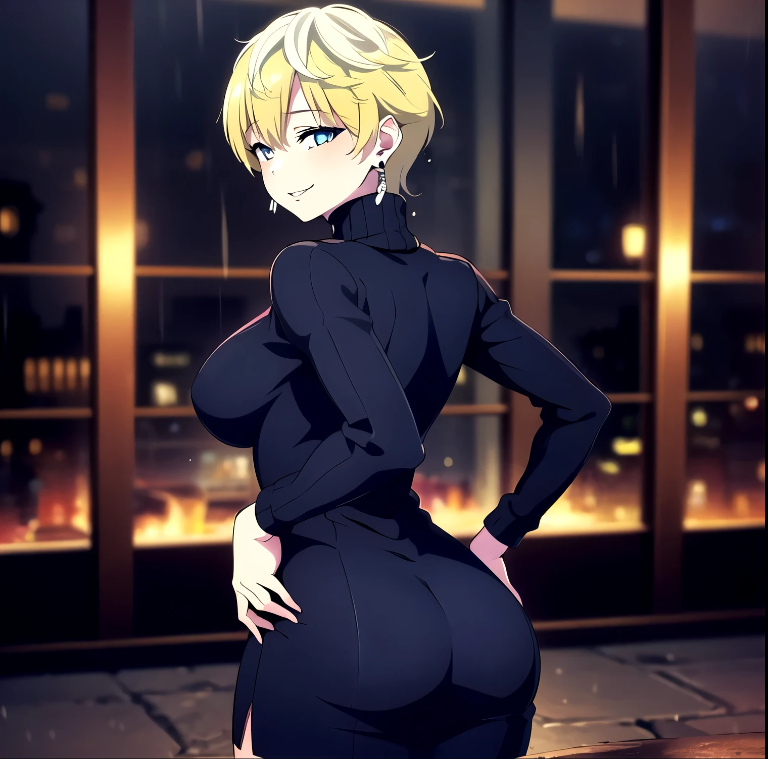 ((1girl)),((alone)),Tenka Izumo, (mato seihei no slave),(masterpiece), (best quality), (ultra detailed), (best illustration), (best shadow), (absurdities) , sharp focus, cowboy shot, atmospheric perspective, depth of field, dynamic posture looking at viewer, big breasts, narrow waist, wide hips, wide thighs, round butt, erotic, romantic, (very detailed eyes, lips 1.1), eyes very detailed, eyes, Very detailed face, Very beautiful face, Symmetrical face, Aesthetic face, perfect face, perfect eyes, detailed eyelashes: 1.5), full height, beautiful slim figure, femininity, expressive appearance, elastic big breasts, sexuality, lips half open, izumo, short hair, blue eyes, blonde hair, smile, thighs, jewelry, earrings, black skirt:1.3, short skirt, tight skirt, long sleeves:1.2, jewelry, black pantyhose:1.3, earrings, blue sweater:1.4 , fitted sweater, turtleneck, turtleneck sweater, , hand on hip, curves, defined body, Perfect and beautiful body, perfect and beautiful, closed mouth, flirtatious expression, smile, blushing, (sexy pose: 1.2), ((solo)), standing: 1.3, ((outdoor ,cityscape,city,streets,metropolis,night,city lights,rainy landscape)),looking back,from behind,((focus on ass:1.3)), point of view:(from middle),anatomy perfect, perfect hands