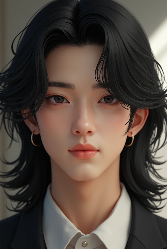 (photorealism:1.2) Create an realistic and handsome Asian male man boy that looks like Geto Suguru with white skin, 180cm tall, slightly muscular but thin body, long, black, wavy, neck-length hair, small and slanted eyes, slightly large nose with a high bridge and thick eyebrows.