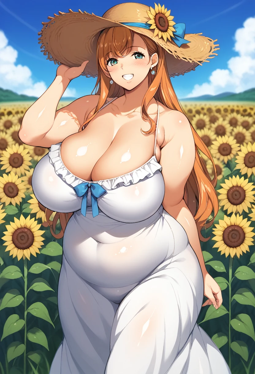 1girl, solo, hair ornamnet, long hair, orange hair, hat, solo, flower, dress, sunflower, outdoors, white dress, smile, long hair, looking at viewer, sky, bangs, breasts, closed mouth, smile, cloud, earrings, sundress, day, sun hat, blush, teeth, cleavage, :d, collarbone, jewelry, blue sky, straw hat, sleeveless dress, ribbon, summer, sleeveless, hand on headwear, mature female, MILF, 30yo, bare shoulders, bow, huge breasts, sagging breast, perfect female body, narrow waist, chubby, plump, BBW, field, sunflower field, yellow flower, hat ribbon, frilled dress, frills, standing, blurry, hat bow