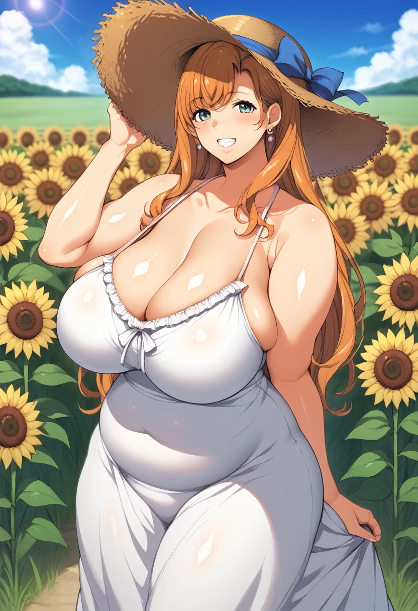 1girl, solo, hair ornamnet, long hair, orange hair, hat, solo, flower, dress, sunflower, outdoors, white dress, smile, long hair, looking at viewer, sky, bangs, breasts, closed mouth, smile, cloud, earrings, sundress, day, sun hat, blush, teeth, cleavage, :d, collarbone, jewelry, blue sky, straw hat, sleeveless dress, ribbon, summer, sleeveless, hand on headwear, mature female, MILF, 30yo, bare shoulders, bow, huge breasts, sagging breast, perfect female body, narrow waist, chubby, plump, BBW, field, sunflower field, yellow flower, hat ribbon, frilled dress, frills, standing, blurry, hat bow