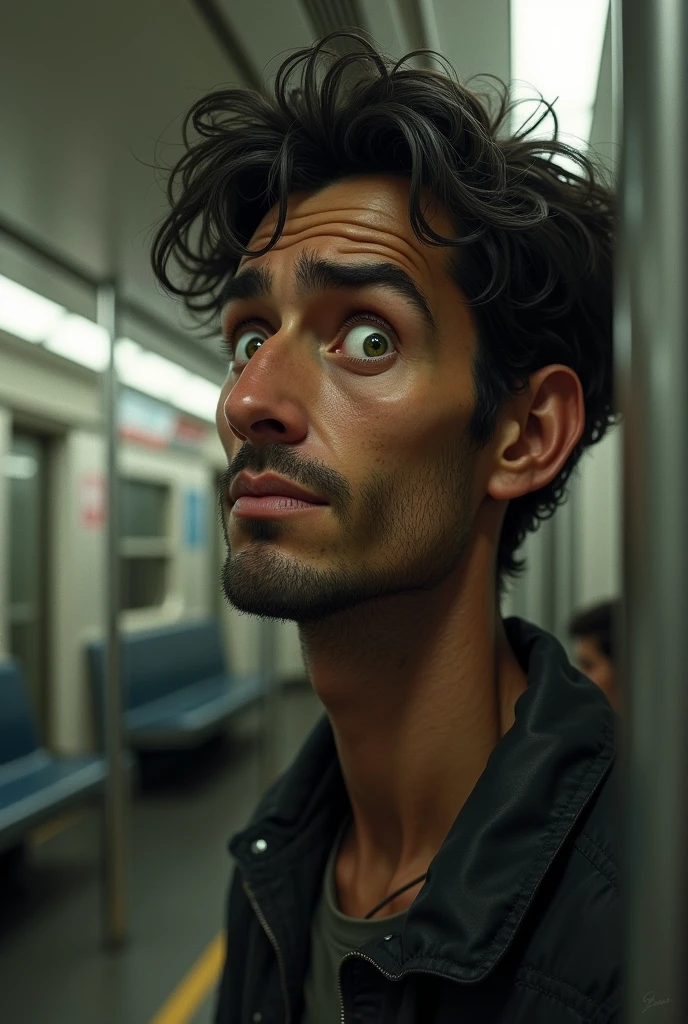 Juan is a tall, thin man., with dark hair . His green eyes are surrounded by dark circles, which reveals his tiredness and hopelessness. He has a beard of several days. happy on the subway