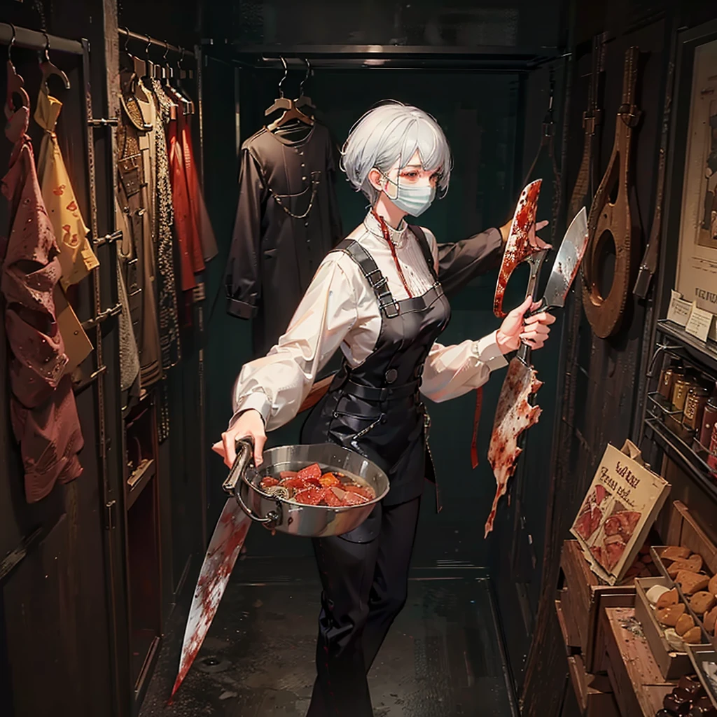 Butcher with a skin mask, standing menacingly, low view, holding butcher knife, blood