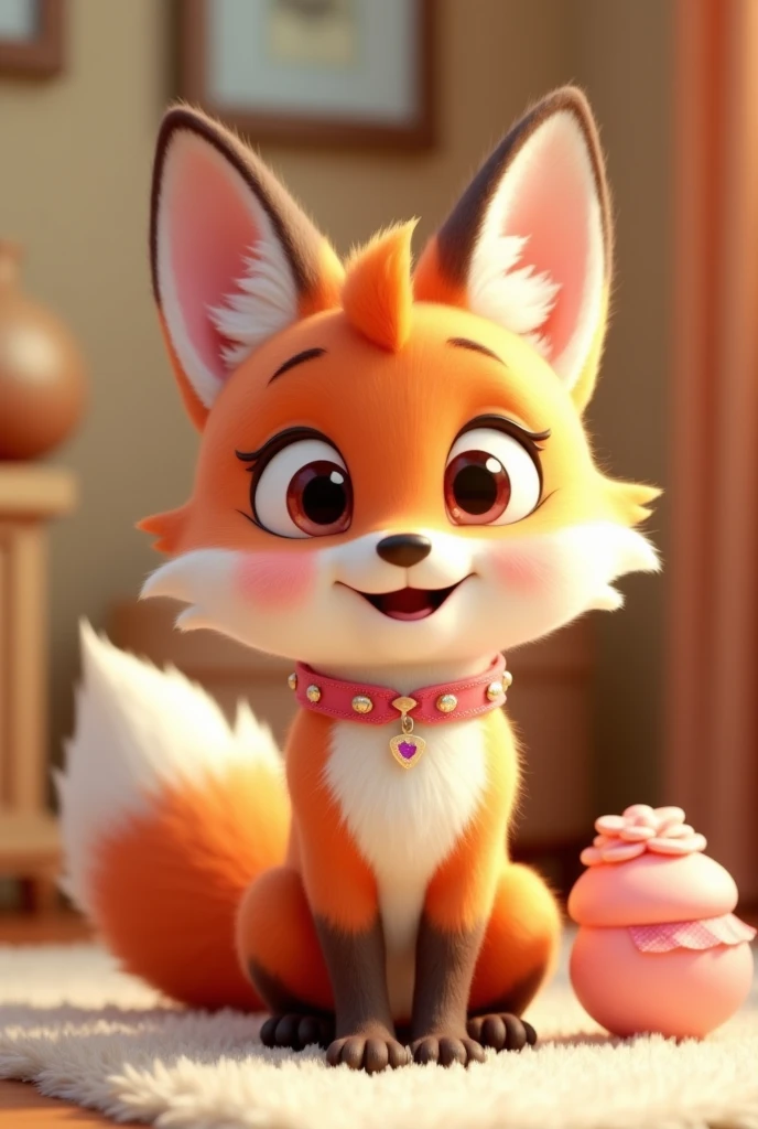 Create a 3D Disney Pixar style fox named Furry Friend Fox. She must exude a loving personality, playful and affectionate, perfect for a section dedicated to pets.
colors: Warm tones of orange and white, with pink details and collar for a cozy and fun touch.
Accessories: Pink collar with pink details, pet toys (like a ball or a bone), and maybe a little bow or bandana.
Expressions: Big smile and expressive eyes, transmitting joy and affection.
Activities and Poses:
Brincando com pet toys (like a ball or a bone).
Using pet accessories (like a pink collar with pink accents or a comfy bed).
Giving tips on animal care (pointing to a board with tips or showing pet products).
Interactivity on the Website:
Hover animations (opening the ears, taking a little run, or playing with a toy).
Friendly messages with tips on pet care, recommended feeding and toy care.