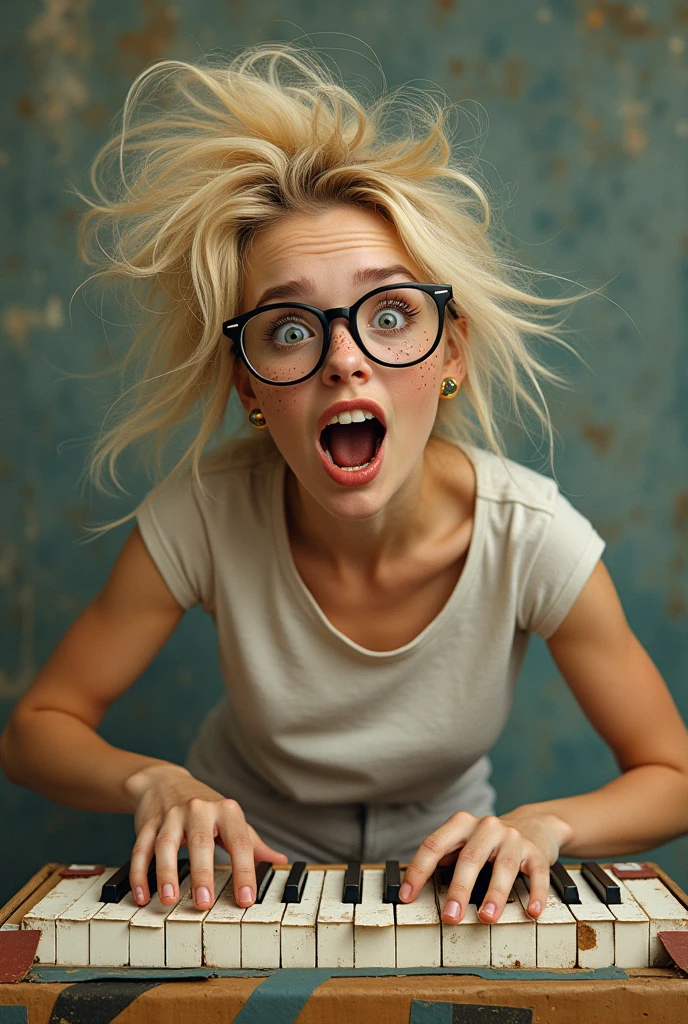 a blonde,pretty,with freckles,wearing glasses,with a crazy face,the hair all disheveled,banging on a piano that looked more like a big box all patched up with tape and masking tape(IN BOOK DESIGN