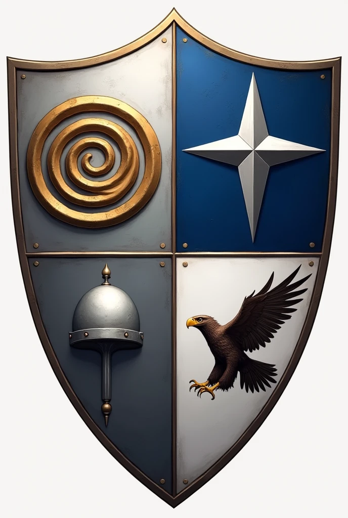 Coat of arms in the shape of a shield, divided into four quadrants. Upper Left Quadrant: A silver field with a golden spiral. Upper Right Quadrant: A field of deep blue with a star that has SIX points and is silver. Lower Left Quadrant: A field of gray with a stylized metal dome. Lower Right Quadrant: A white field with an eagle taking flight.