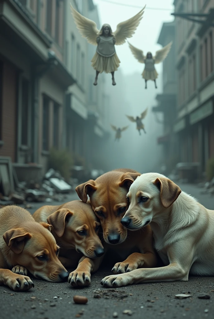 4 perros en que estén en la calle maltratados, tumbas de perritos a su lado, y 4 perritos angeles en el cielo