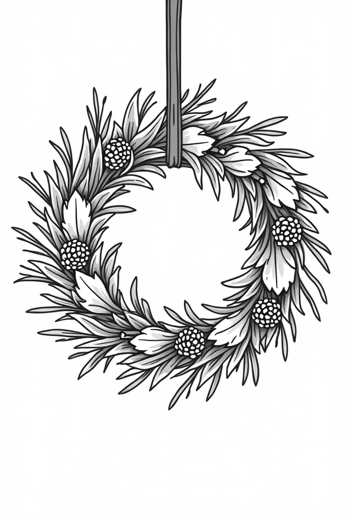 non-coloured, coloring pages for adults, an image of a beautiful fall-themed wreath made from leaves, twigs, and pinecones, hanging on a wooden door or gate, cartoon style, thick lines, low detail, black and white, no shading,