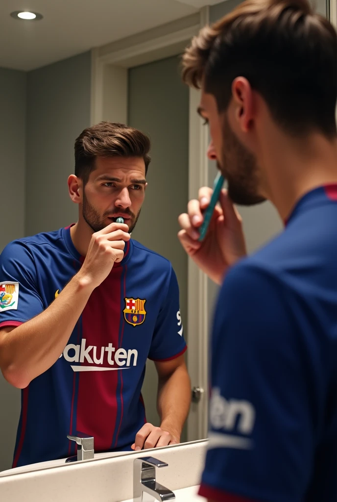 A Barca player brushing his teeth