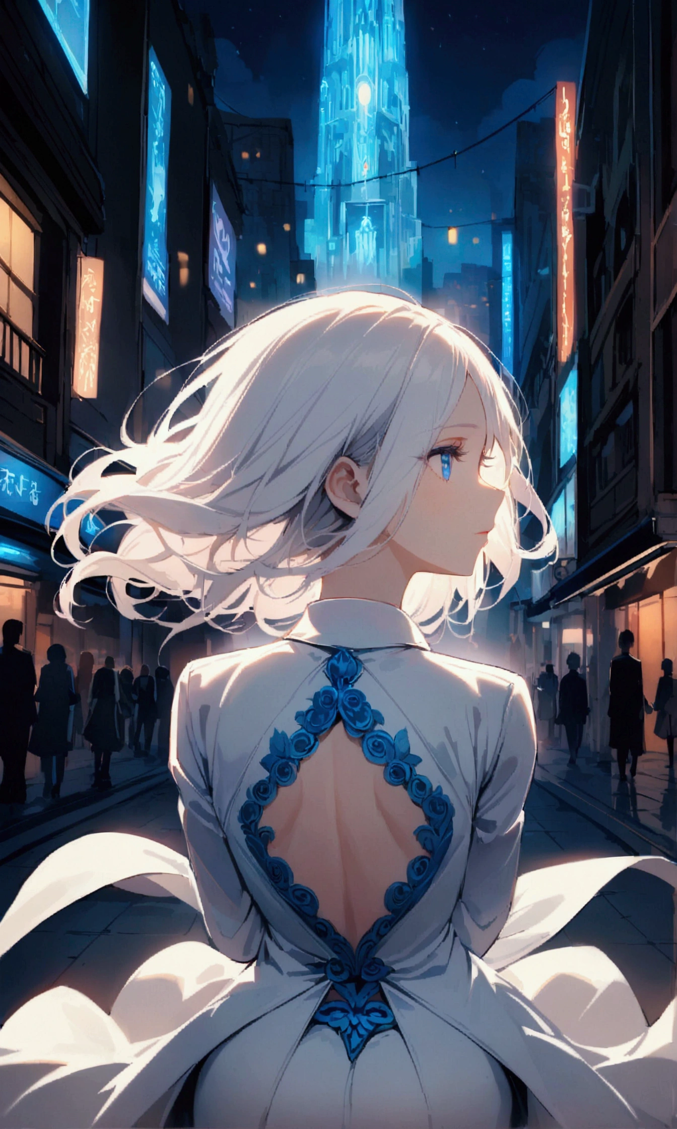 A woman with long white hair and blue eyes wearing a white suit turns her back in the middle of the city at night.