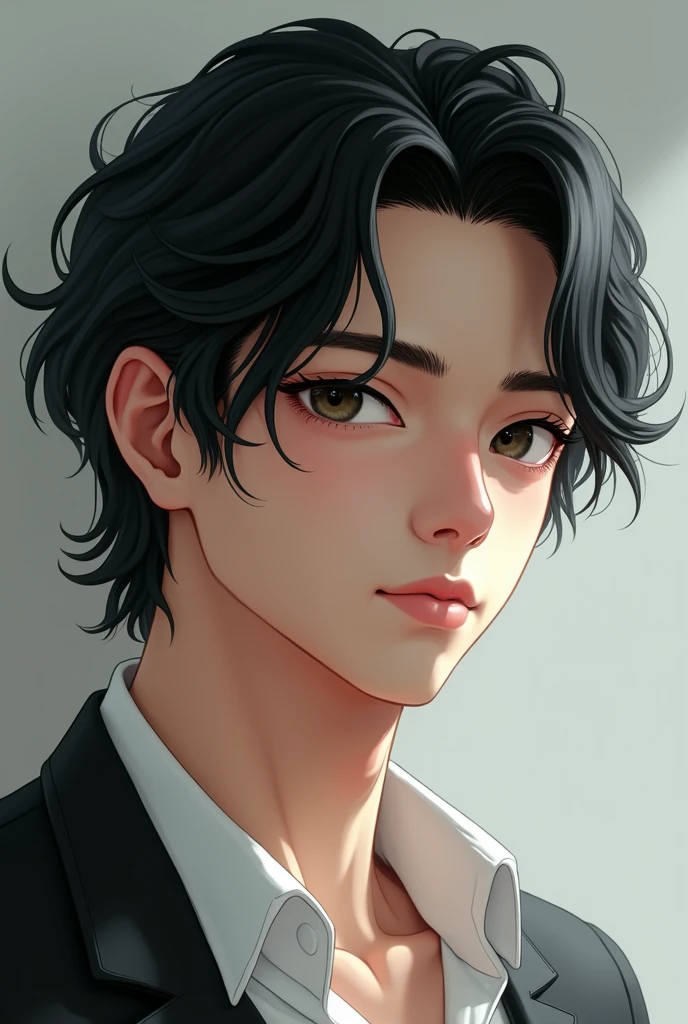 (photorealism:1.2) Create an realistic and handsome perfil pic of a Asian male man boy that looks like Geto Suguru with white skin, 180cm tall, slightly muscular but thin body, long, black, wavy, neck-length hair, small and slanted eyes, slightly large nose with a high bridge and thick eyebrows.