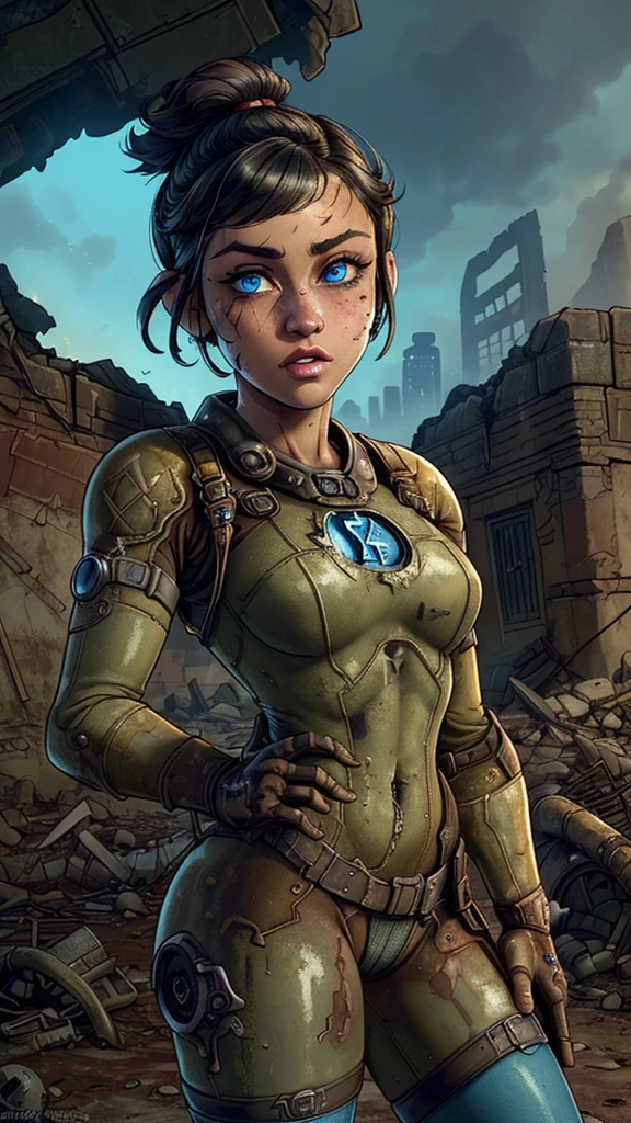 (The best quality,A high resolution,Ultra - detailed,actual), beautiful young woman from the fallout video game series , in a vault tech blue and yellow sexy bodysuit, (short black hair :1.4), wavy black hair tied in a ponytail, (wearing a blue vault suit from Fallout 4 with lots of details and slits), high detail face, High detail leather, seductive expression, perfect body, perfect proportions, a nuclear wasteland background with scattered ruins, high quality, masterpiece, realistic photo, intricately detailed, 8k, HdR, shallow depth of field, wide light, high contrast, Backlight, Sharp focus, Raw color photo, looking to the camera, cold colors, Dynamic poses, (Fallout 4 style:1.4) , (Face details: 1.5) , (blue eyes, beautiful face, pretty eyes:1.4 ) , Iris lining, thin lips , delgado, pale and sharp eyebrows, long, dark eyelashes, double eyelashes),(Ella Purnell:1.4), (Ella Purnell V2.1), (Fallout V2.1), ,(Ruined dungeon ruins background:1.4 ),( Fallout :1.4)