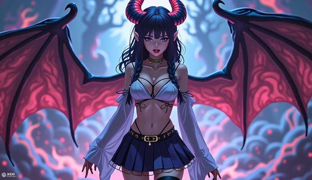 anime girl with horns and a skirt in a dark room, beautiful succubus, demon girl, demon anime girl, succubus, succubus in tight short dress, succubus | medieval, succubus in sundress portrait, beautiful elegant demon queen, portrait of demon girl, demoness, extremely detailed artgerm, white horns queen demon, diablo 4 lilith