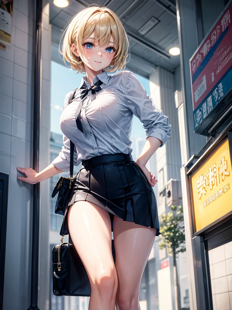 Anime style, super fine illustration, highly detailed, beautiful detailed, pale tone image, static representation, gentle expression, 8k, pretty 1girl with blonde straight short hair & blue eyes & a bright smile & full bust & soft fair skin is wearing big white business shirt not to show her skin & black tight skirt & 1business bag, on the business building street, in the morning, brilliant particles of lights, romantic stories, solo, perfect fingers, perfect arms, perfect legs, masterpiece.