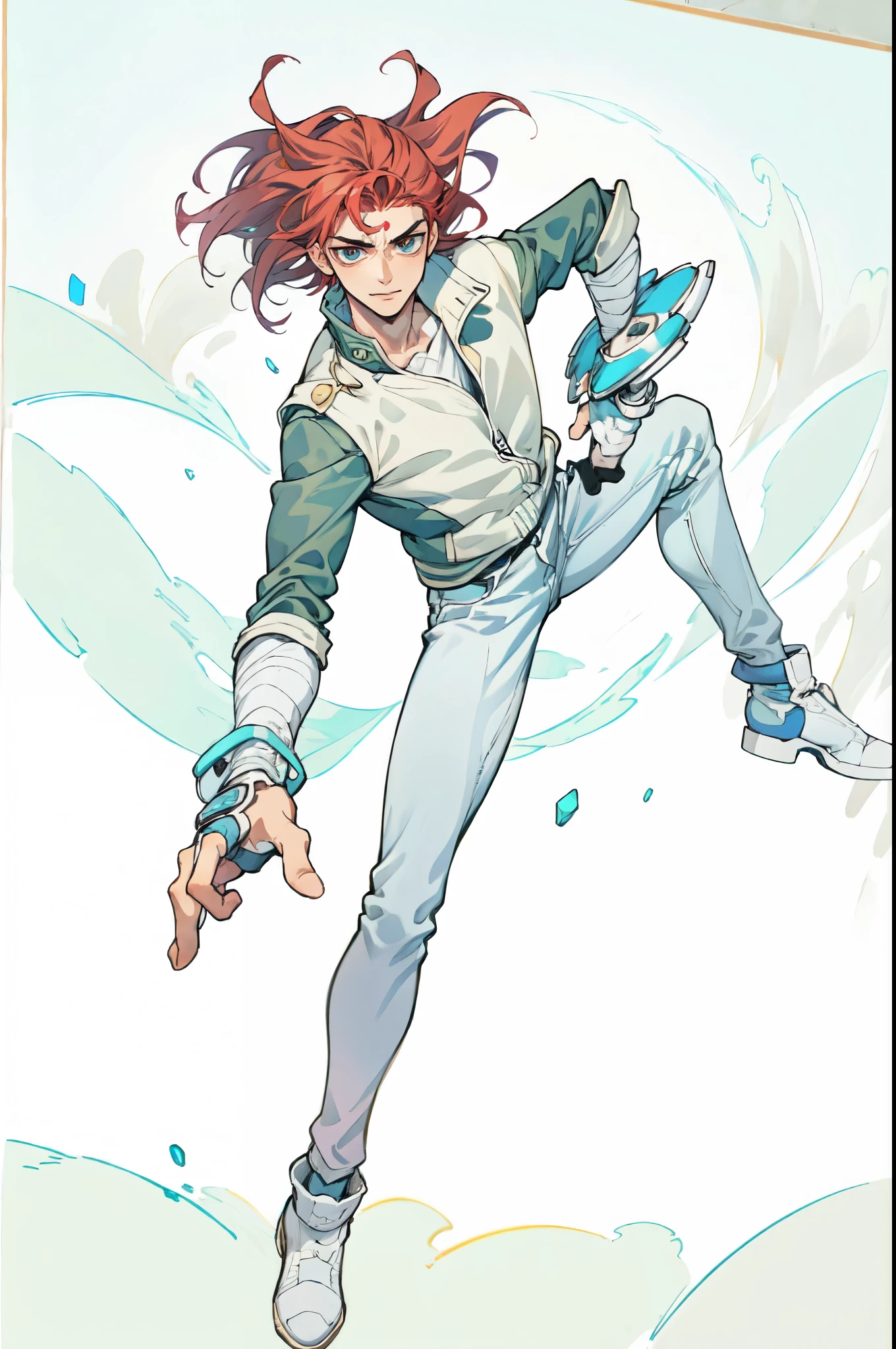 (masterpiece:1.2, best quality:1.2, extremely delicate:1.2), ((male:1.5)), a young man with messy red hair, a leather strap tied around his forehead, a handsome face, bright eyes, a rebellious smile, a slender build, a futuristic fantasy-style black and white leather jacket, dark jeans, hiking boots, he is making an exaggerated leap above the city, this character embodies a finely crafted futuristic fantasy-style rogue in anime style, exquisite and mature manga art style, dramatic, high definition, highres, ultra-detailed, ultra-fine painting, professional, perfect body proportions, golden ratio, anatomically correct, symmetrical face, extremely detailed eyes and face, high quality eyes, creativity, RAW photo, UHD, 32k, Natural light, cinematic lighting, (masterpiece-anatomy-perfect:1.2)