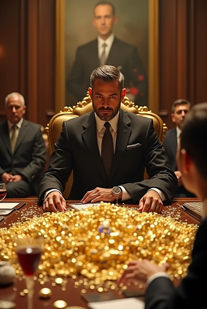 businessman, mogul, meeting with people, table full of diamonds and gold coins