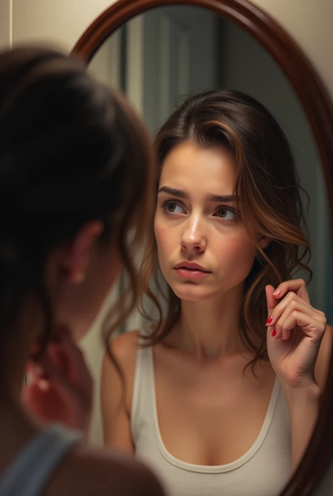 A woman looking in the mirror, visibly worried about the lack of volume in her hair
