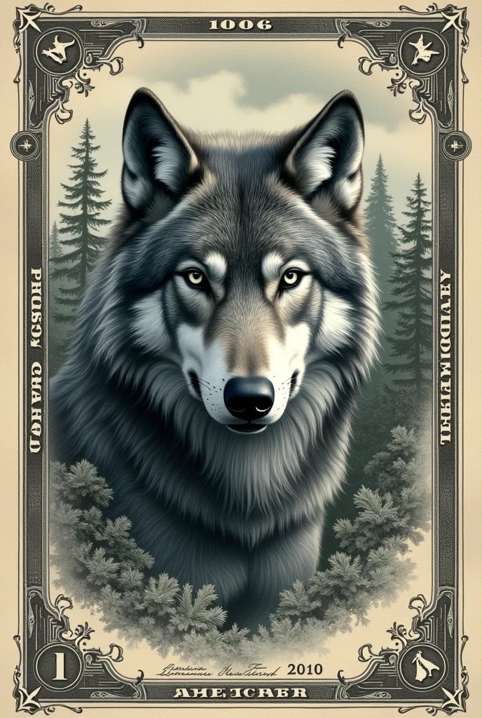 A bill that looks like a dollar bill and has a wolf on it