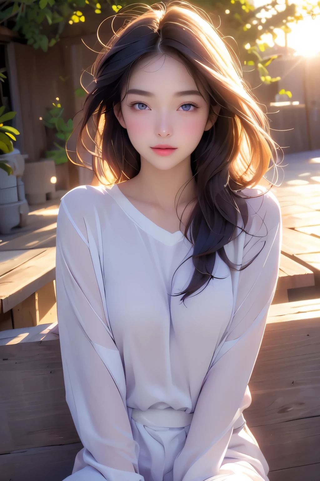 realist, 1 girl,with hair, purple eyes, bright Eyes, naked, Chapped lips, blush, evening, flores, sun, sunlight,