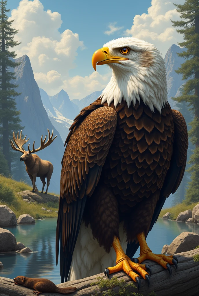 American eagle as main character ,Em primeiro plano , a moose as a watermark and a beaver.