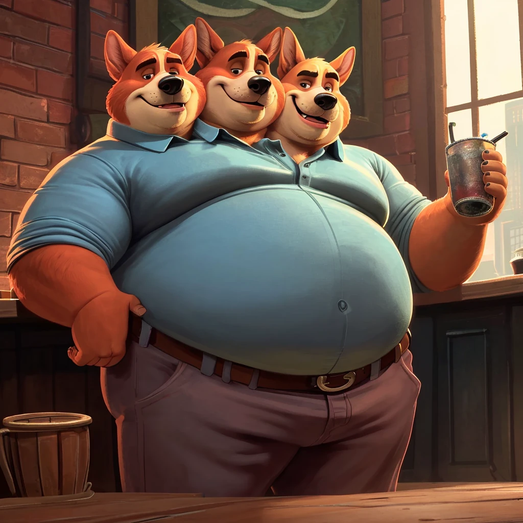 solo, welsh corgi, twins, three identical heads attached to the same body, welsh corgi ears, red fur, bald, masculine, three necks, (manly eyes), adult, male, 50 years old, (stylized 3d, by disney, by rembrandt), by pixar:1.1, by dramamine, (overweight, fat, obese), dadbod, bald, beards, stubble, dirty bar background, (khakis, polo, belt), correct hands, correct anatomy, (ultradetailed, best quality, detailed masterpiece, highly detailed masterpiece, 4k, professional cartoon:1.7), (natural pose, holding drinks:1.3)