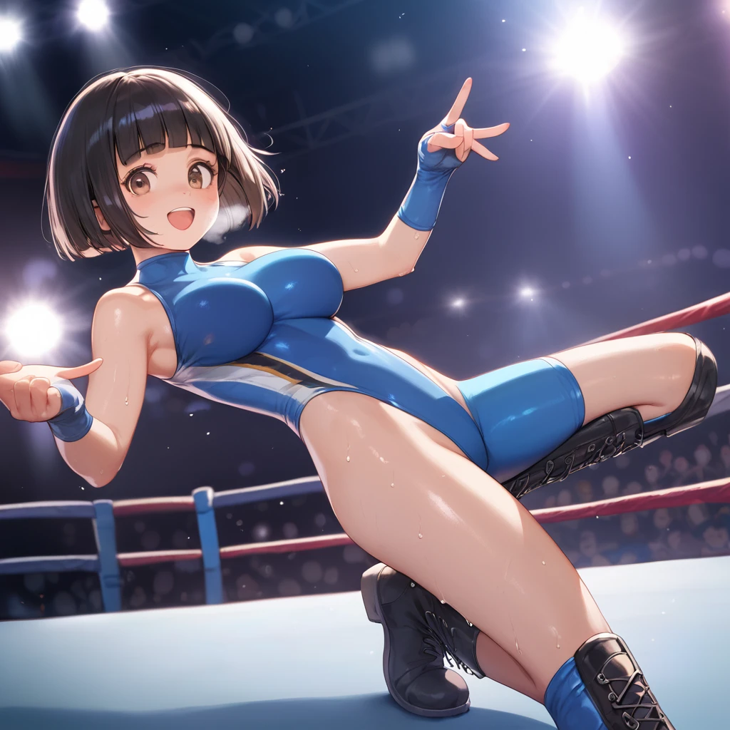 score_9,score_8_superior,score_7_superior,masterpiece,Highest quality, Source Anime, Realistic, ssuperiorer detailed, Very detailed, evaluation_Safety,
One person, Women&#39;s Wrestling, Are standing, Leaning forward, Fighting Pose,
Break Girl, 22 years old, short hair, Bobcut, (Blunt bangs), Black Hair, (puppet, fine cute brown eyes), Curled eyelashes, (Large Breasts:0.9),
Shiny Hair, Beautiful attention to detail, Beautiful Face,
(Wrestling Leotards, Tight clothing, Wrestling boots:1.2), Sweat,
blush, Severe, Open your mouth, Heavy breathing, 
stage, wrestling stage, crowd, illumination, Shadow,