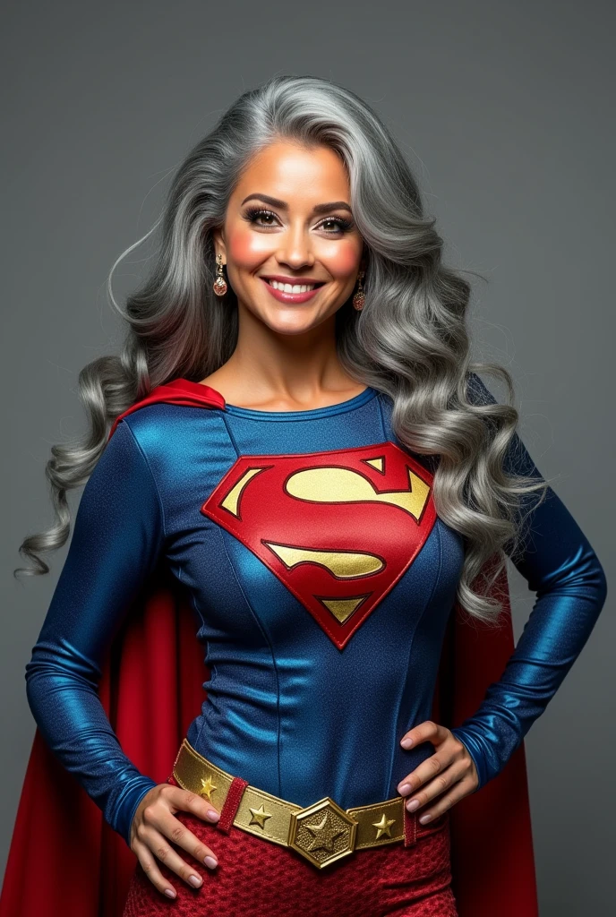 A beautiful youthful looking American version of Ariana Grande as a 50 years old woman with long her completely gray hair in a big curls styles as a retired American inspired superhero wearing her costume suit witch looks like a comic superhero suit again for a photoshoot she is smiling for the camera
