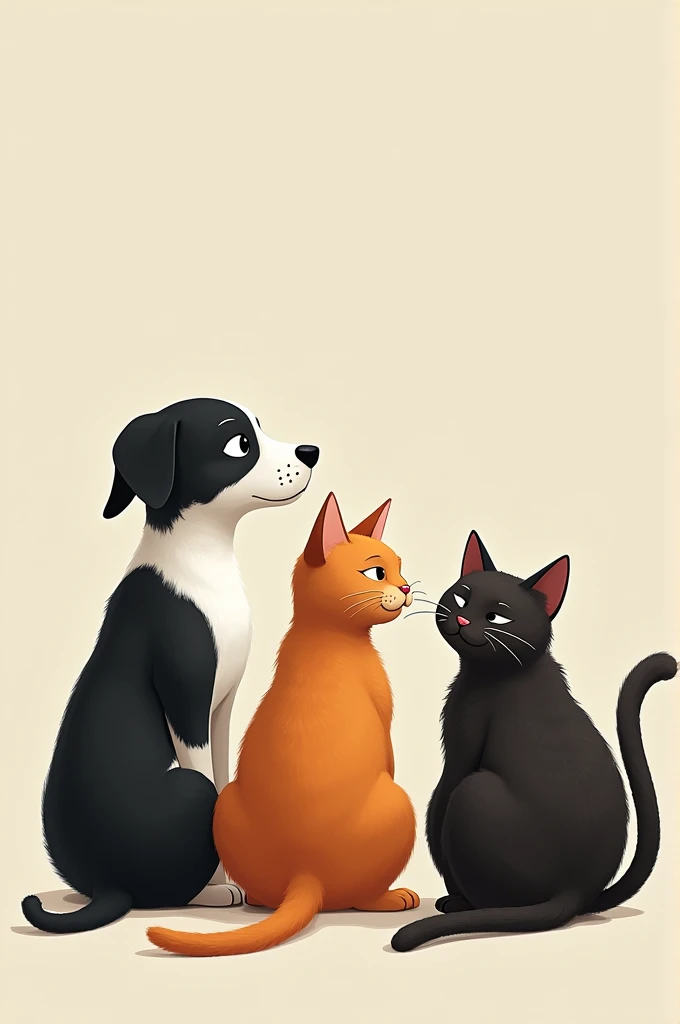 Can you generate me an image of a black and white dog from behind next to a very fat ginger cat from behind itself next to a black and brown cat with a very long tail? 
