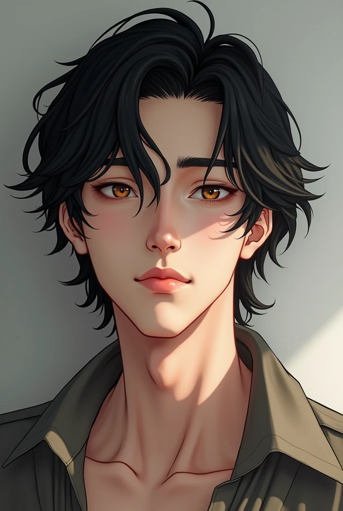 (photorealism:1.2) Create an realistic and handsome perfil pic of a Asian male man boy that looks like Geto Suguru with white skin, 180cm tall, slightly muscular but thin body, long, black, wavy, neck-length hair, small and slanted eyes, slightly large nose with a high bridge and thick eyebrows.