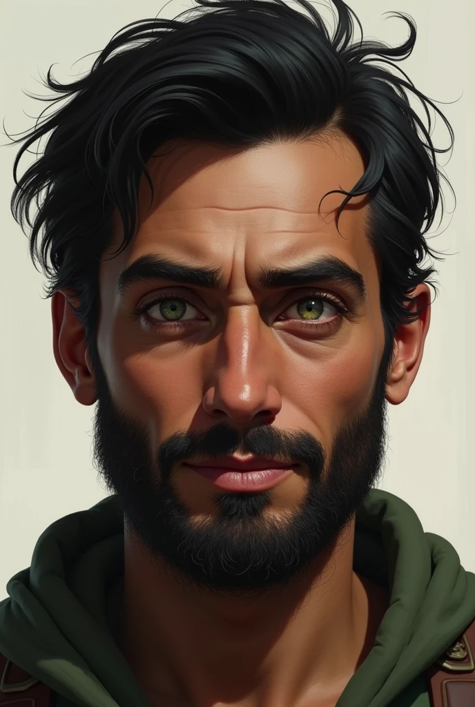 Juan is a tall, thin man., with dark hair . His green eyes are surrounded by dark circles, which reveals his tiredness and hopelessness. He has a beard of several days. happy