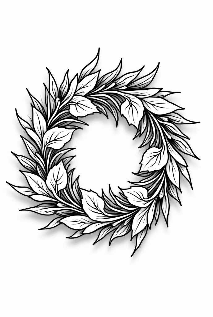 non-coloured, coloring pages for adults, an image of a beautiful fall-themed wreath made from leaves, twigs, and pinecones, hanging on a wooden door or gate, cartoon style, thick lines, low detail, black and white, no shading,