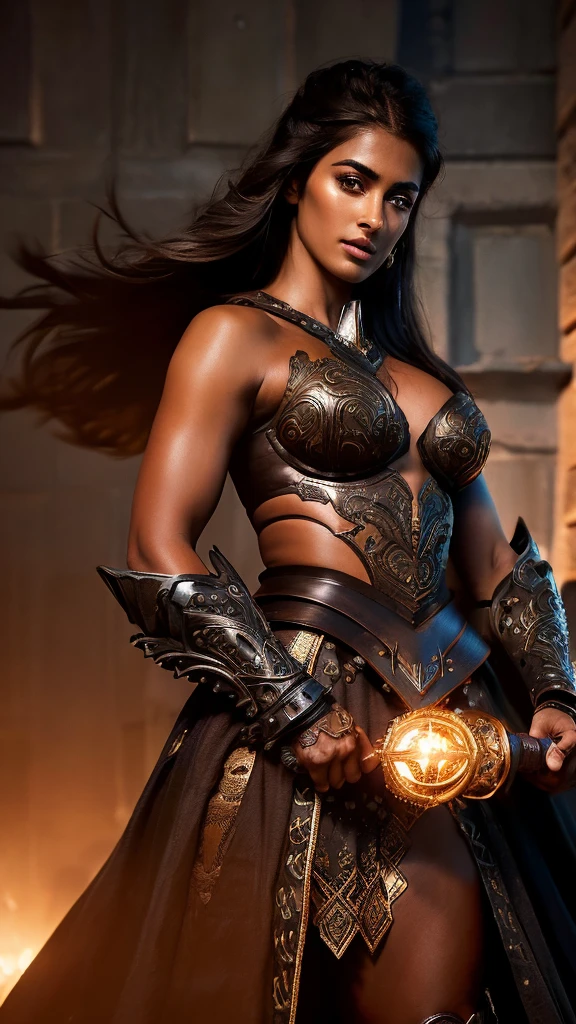 "erotic high quality close-up  shot of Pooja Hegde as a powerful warrior woman, dark and atmospheric setting, confrontational and strong pose, looking at viewer, minimal striking armor, extremely sexualized feminine figure , dark metallic, angular shoulder armor, chest plate, ornate belt, minimal cloth, intricate forearm and leg guards, muscular physique, dark skin, practical hairstyle, holding a close-combat staff, dark background, sandy ground, dramatic high-contrast lighting, detailed armor, shadows enhancing form, realistic with fantasy style"(detail) photo prise par Canon EOS R5, Objectif 50mm, f/2.8, Hdr,  (movie lighting) (sof erotic  lighting) (mise au point nette) (complexe)
