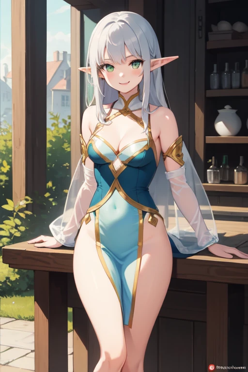 ((best quality)), ((masterpiece)), (detailed), 1girl, young, elf woman, small breasts, slender body , medium silver hair, green eyes, smiling, sidesweep bangs, beautiful legs, beautiful waist, using traditional elven dress, bare shoulders, big cleavage