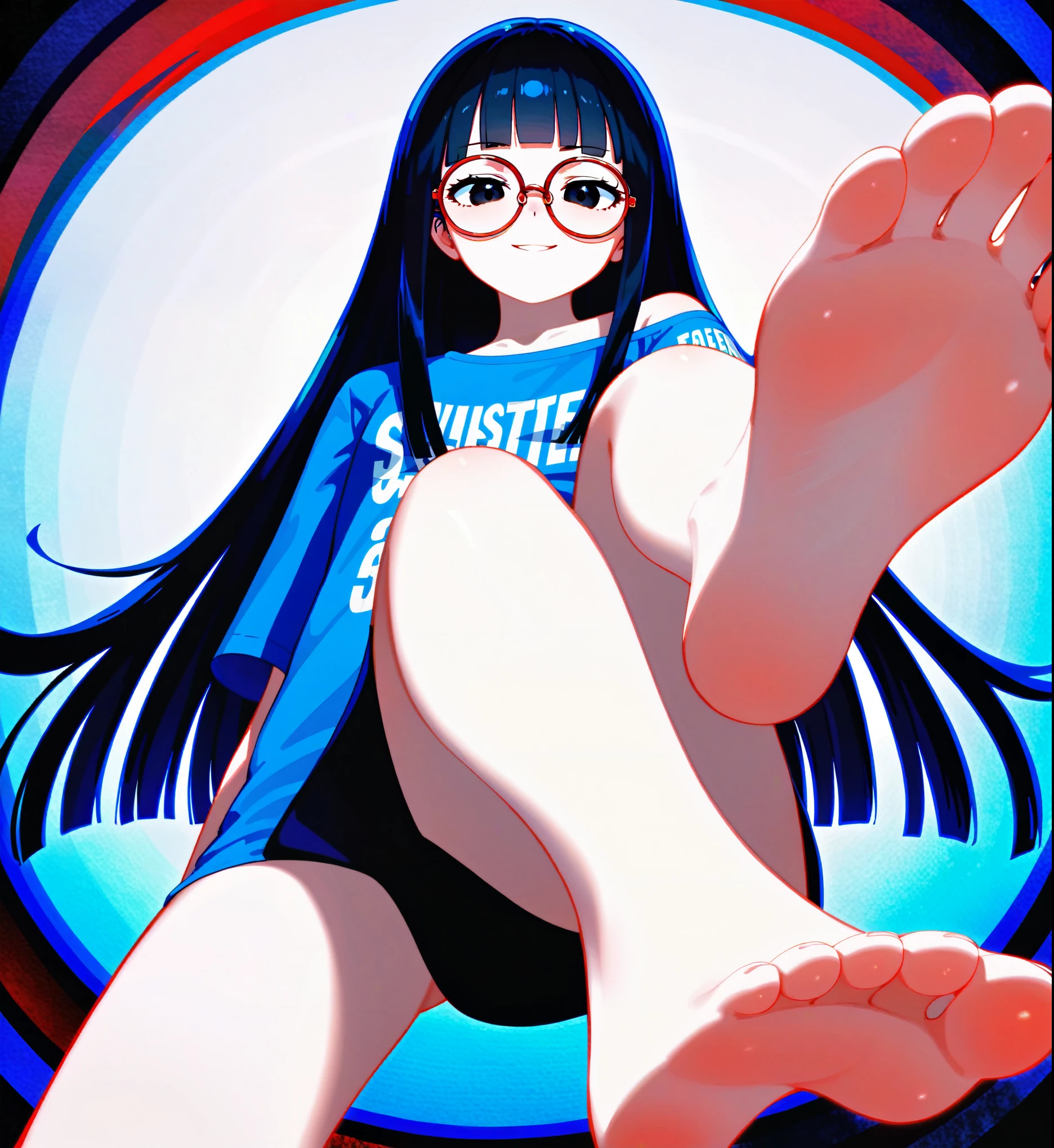 A woman showing her feet low angle,wallpaper,White off-the-shoulder T-shirt,bangs,blunt bangs ,blunt bangs,bangs,The background is in the room, Straight Hair,Long hair,best quality, Very detailed, masterpiece, Extremely detailed, illustration, Foot Focus, barefoot,black eyes,Black Hair,Red round-rimmed glasses,Red round-rimmed glasses,Big boobs(g),g cup,Very tall,Very high,Around 30 years old,Smirk, legs open