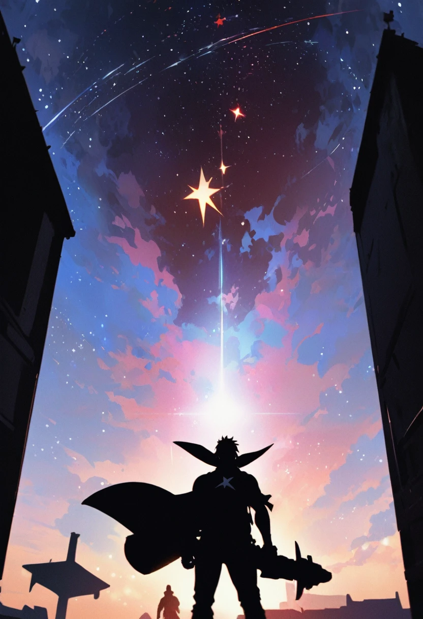 Highest quality,masterpiece,Ultra-high resolution,One boy、Gurren Lagann、simon、Under a star-filled sky、silhouette、Looking up at the sky、I have a small drill、Gainax-like depiction