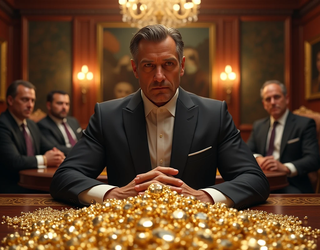 businessman, mogul, meeting with people, table full of diamonds and gold coins