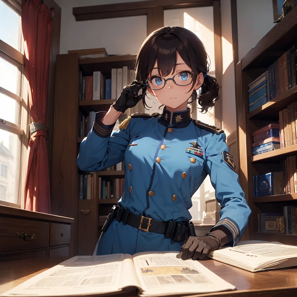 a military man, sky blue uniform, brown hair, blue eyes, circular glasses, black gloves, medals, epaulets, luxurious office, window, bookshelf, map