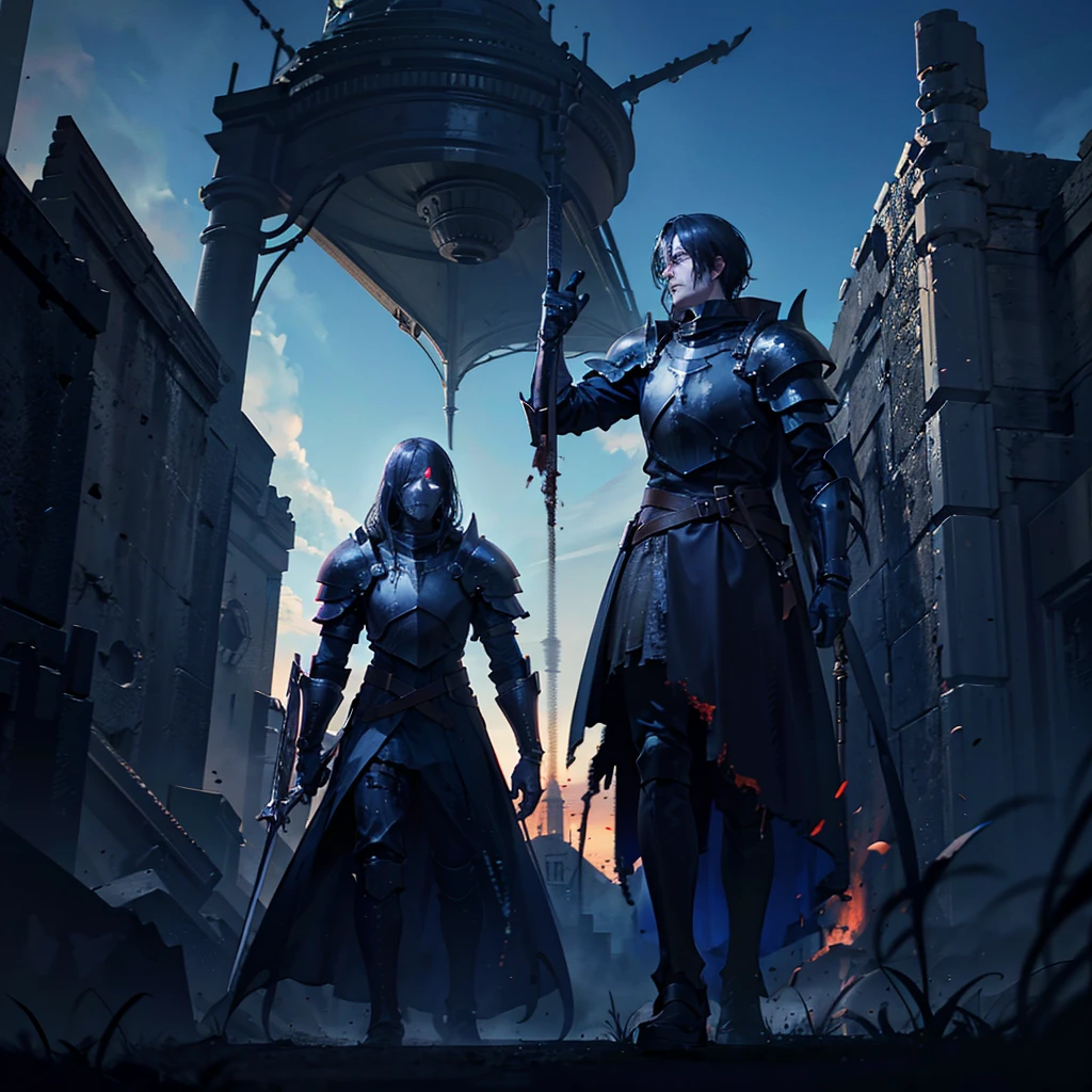 Black knight armor, looking at the horizon, standing over zombies corpses, holding bloody sword, moon high on sky