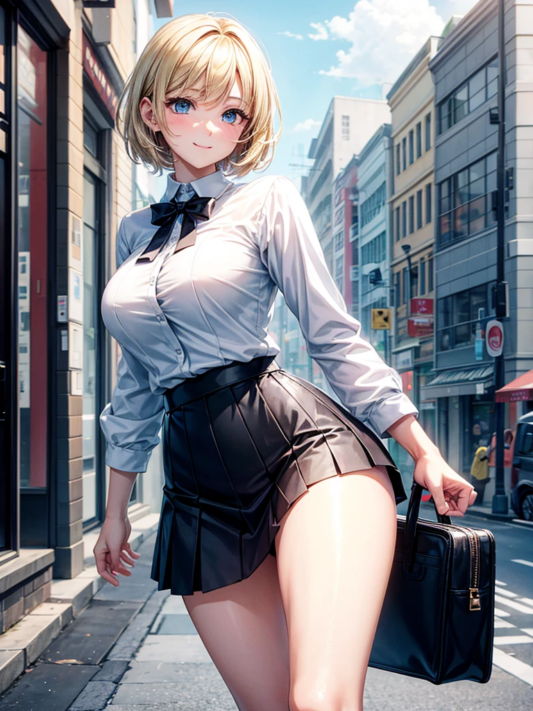 Anime style, super fine illustration, highly detailed, beautiful detailed, pale tone image, static representation, gentle expression, 8k, pretty 1girl with blonde straight short hair & blue eyes & a bright smile & full bust & soft fair skin is wearing big white business shirt not to show her skin & black tight skirt & 1business bag, on the business building street, in the morning, brilliant particles of lights, romantic stories, solo, perfect fingers, perfect arms, perfect legs, masterpiece.