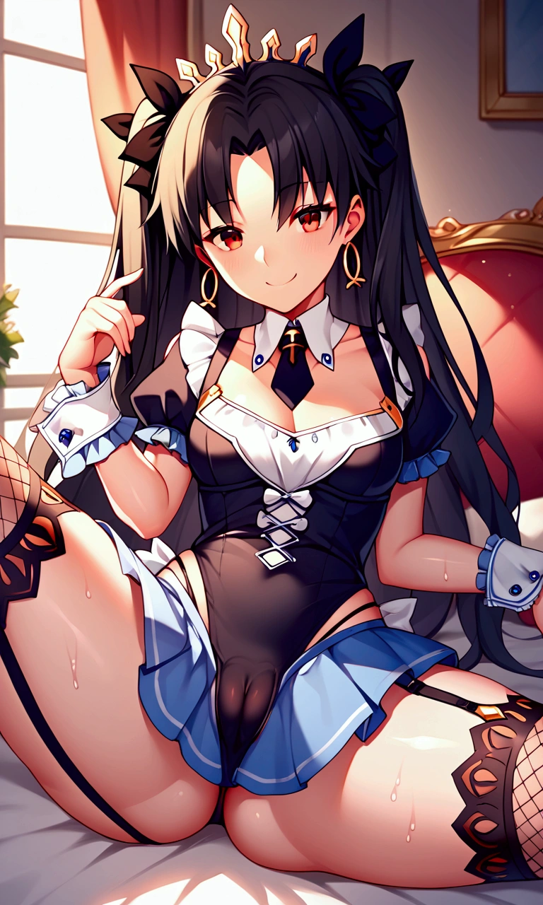 score_9, score_8_up, score_7_up, score_6_up, score_5_up, score_4_up, source_anime, Ishtar of FateGO, long hair, black hair, ribbon, hair ribbon, two side up, red eyes, parted bangs, crown, PekoraFuriFuri, detached collar, short black necktie, black dress, short dress, sleeveless dress, center frills, puffy short sleeves, detached sleeves, wrist cuffs, blue skirt, fishnet thighhighs, garter straps, 1girl, divine goddess body with stunning curves, smile, wide hips, on her back, spread legs wide open, thong, vagina, camel toe, wet pussy, The background is on a living room