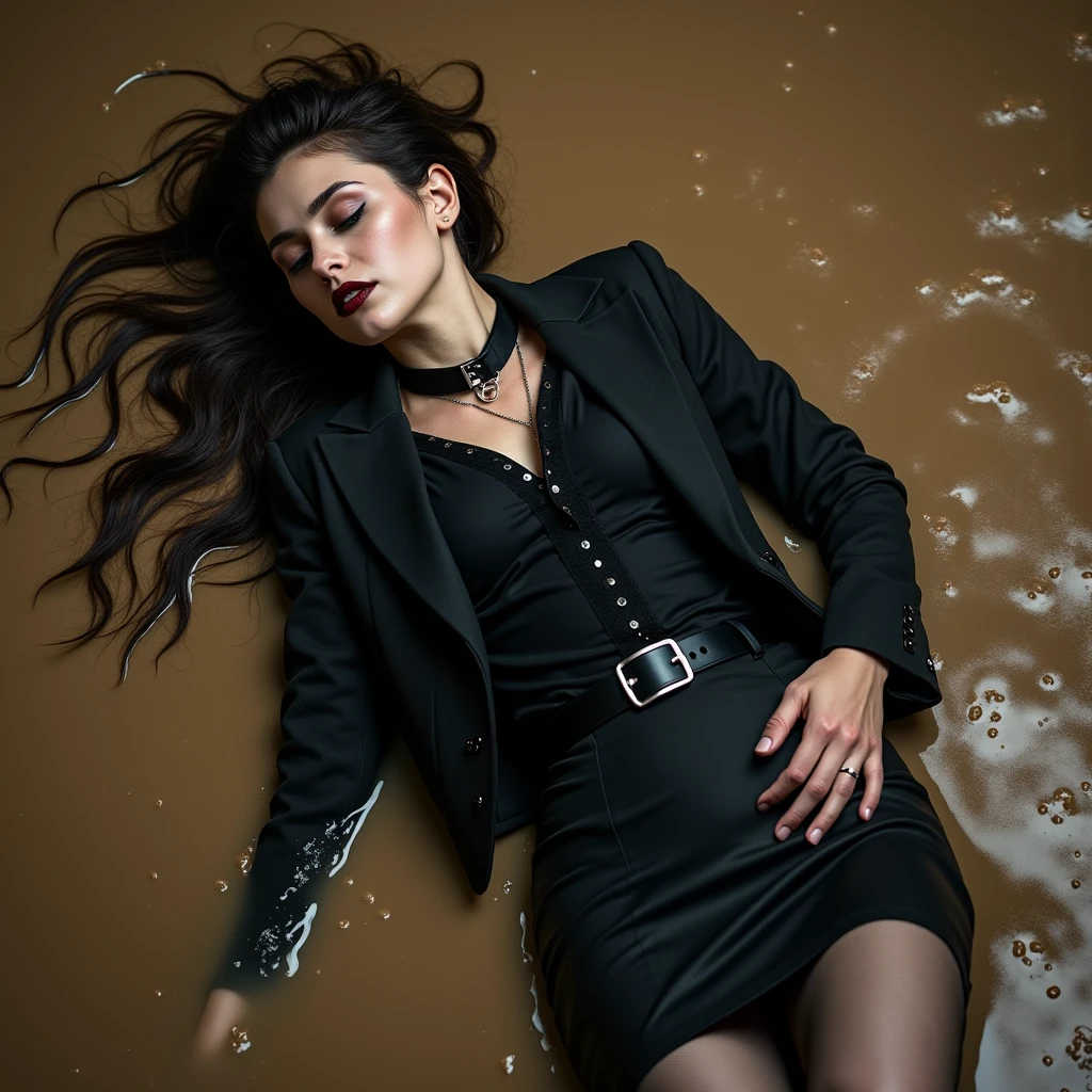A super realistic photo of one business goth lady, exuding a slender, model-like appearance with long hair. She is dressed in black pencil skirt, black dirty business jacket. vest, shirt, torn stockings, black choker on the neck. She located in very muddy and very flooded field. She lie on her backs and 2 elbows in flirtatious and provocative pose deep in the water and liquid mud, dips her head in the liquid mud and very tears her clothes and gets stuck in mud, but fully clothed in business skirt suit, she smear a lot of liquid mud on own clothes and torn it by hand. All her clothes is dirty, torn, ripped and sloppy, her skirt and jacket are very stained in a liquid mud and dirt. She look like have played in mud in a large swamp with brown liquid mud, her clothes covered with liquid mud from head to toe. The studio light brilliantly illuminates all her clothes in details, casting small shadows and emphasizing the texture of the mud on her clothes. Please focus on stains of liquid mud on her clothes. View angle of the camera from top and from backs of the business lady and rotated left.,