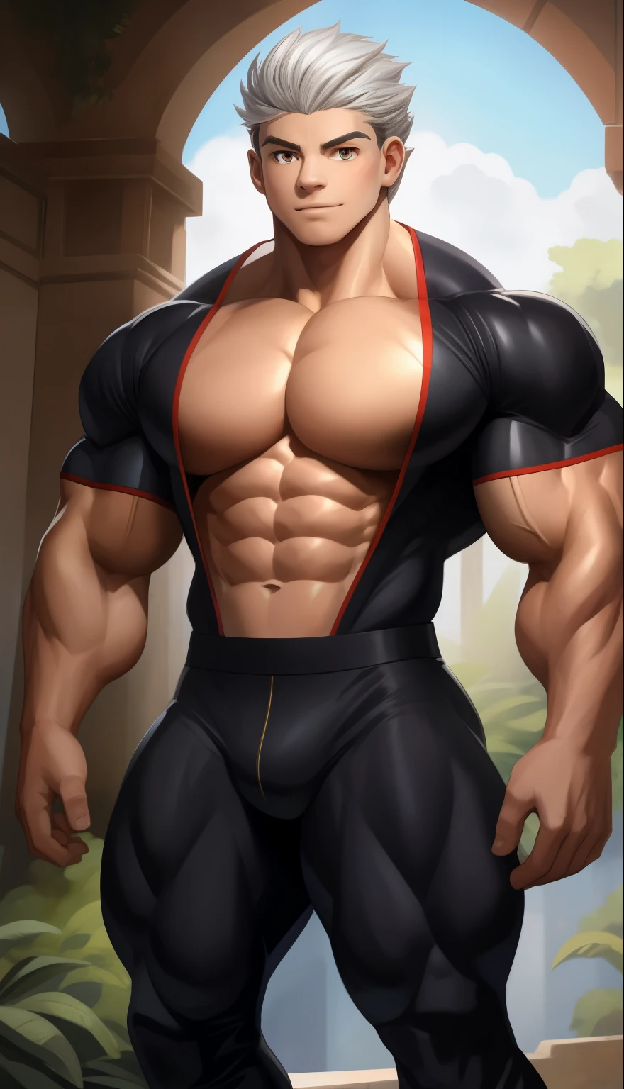 A ( face) 15 year old teen (15 yearsttractive boy, standing, full body. Mexican ethnicity. tanned skin, silver white hair, short hair bangs that fall on both sides of his youthful face. carefree expression, young man, alone, marked muscles, beautiful musculature, aesthetic stretch marks, inspiring physique, slender muscles, square pecs, beautiful V-cone, excellent abs and torso, chiseled abs, pectorals chiseled, perfect massive muscles, inflated muscles, voluminous pectorals, massive muscular body, a huge gigantic chest with a narrow waist, huge shoulders, ridiculously well-shaped large pecs, eight chiseled abs, (very toned and huge) with his military haircut and voluminous neck, narrow waist, golden eyes, young face, beautiful, young. Teen muscular young builder with extraordinary and firm back, chiseled muscles, rhomboid muscles, latissimus dorsi. Gigachad. he wears a Use Vegeta's training suit. A tight one-piece suit from the neck to the ankles, black in color, the suit has no sleeves, it does not use a belt. The black shirt and pants are a single piece of clothing, the shirt has a U neck, open jacket, has no sleeves and highlights his prominent abdominals and pectorals. He doesn't wear a belt. His muscles stand out. He wears white gloves on his hands, and white boots. Ruins of a Jedi temple with forest background. standing, full body. (((Back))) huge firm muscular thighs, round buttocks and round butt with back, huge ass ((firm buttocks)) with big booty. (((black clothes)))