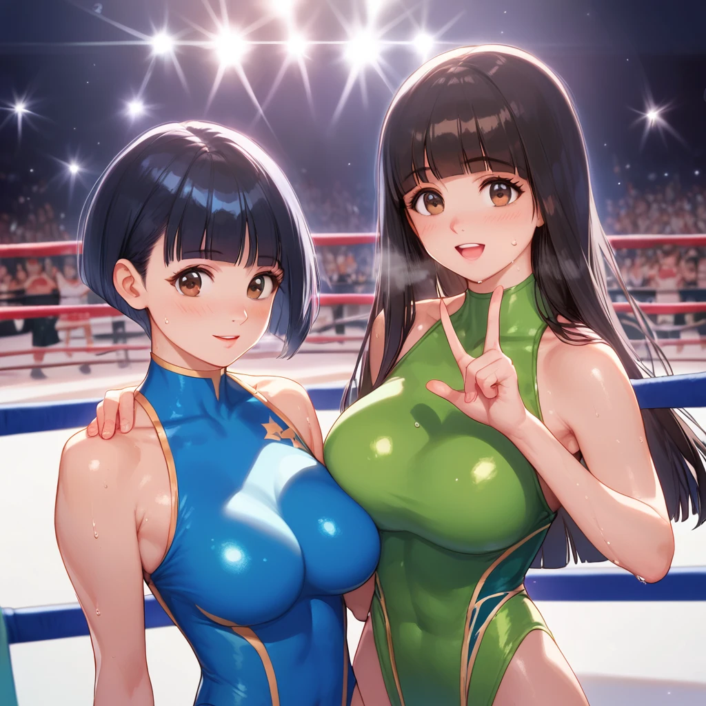 score_9,score_8_superior,score_7_superior,masterpiece,Highest quality, Source Anime, Realistic, ssuperiorer detailed, Very detailed, evaluation_Safety,
One person, Women&#39;s Wrestling, Are standing, Fighting Pose,
Break Girl, 22 years old, Long Hair, Bobcut, (Blunt bangs), Black Hair, (puppet, fine cute brown eyes), Curled eyelashes, (Large Breasts:0.9),
Shiny Hair, Beautiful attention to detail, Beautiful Face,
(Wrestling Leotards, Tight clothing, Wrestling boots:1.2), Sweat,
blush, Severe, Open your mouth, Heavy breathing, 
stage, wrestling stage, crowd, illumination, Shadow,